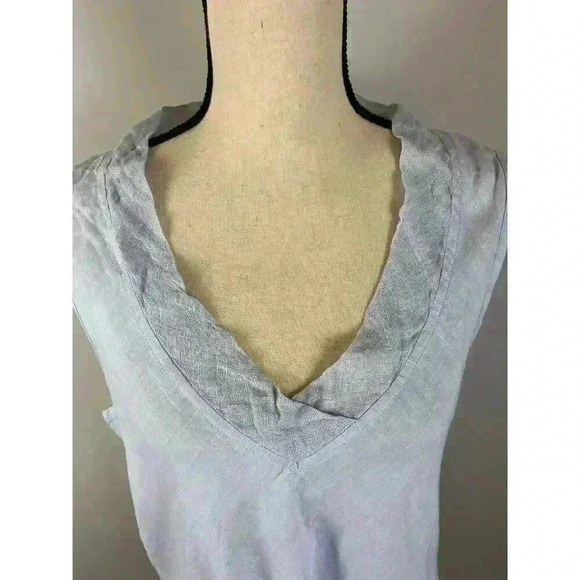 Flax Linen Blouse Sleeveless Women's M Light Blue V-Neck Lagenlook Minimalist - Picture 2 of 11